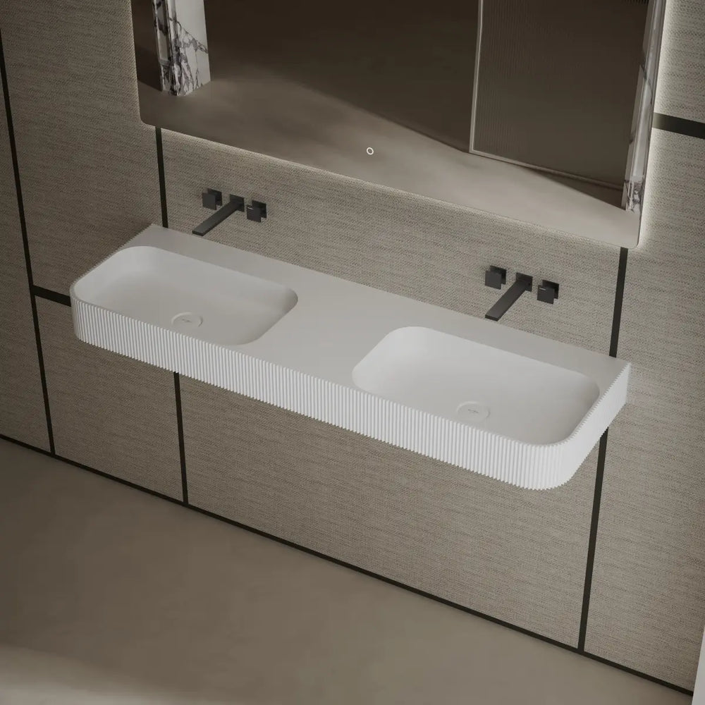 Solid surface wall mount sink modern floating bathroom basin white matte finish