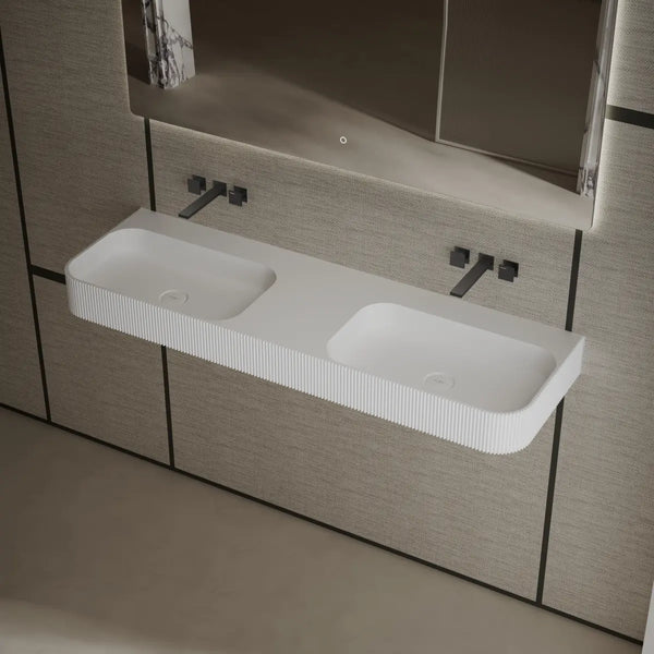 Solid surface wall mount sink modern floating bathroom basin white matte finish