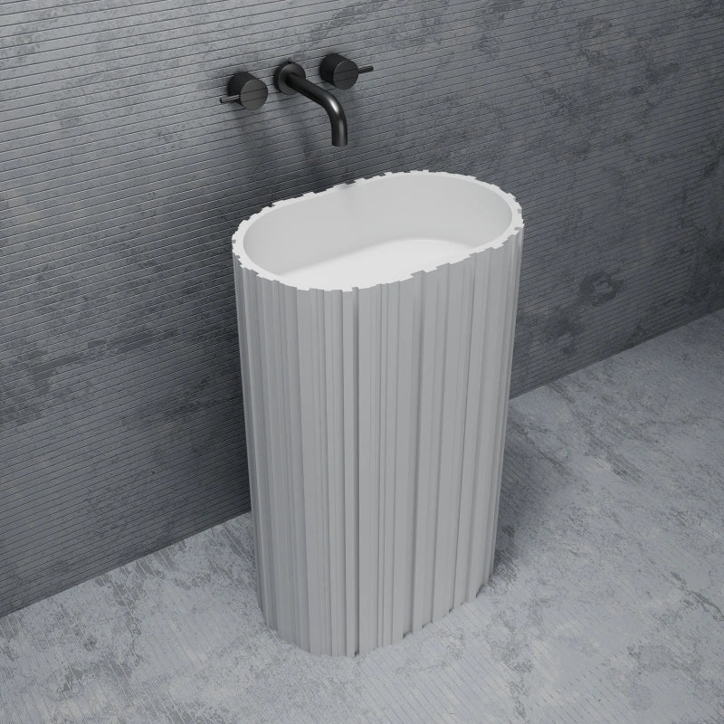 Matte white fluted solid surface pedestal sink 580mm modern bathroom basin