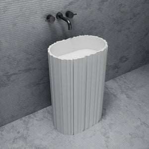 Matte white fluted solid surface pedestal sink 580mm modern bathroom basin