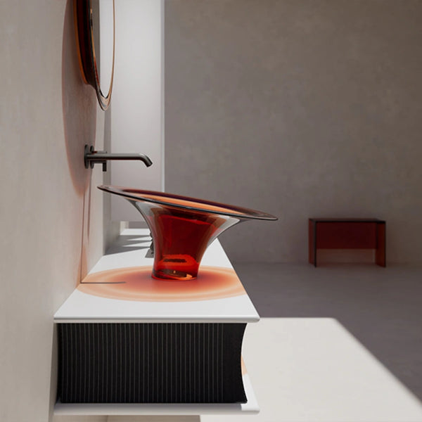 Elegant sculptural bathroom vanity with integrated mirror inspired by the dynamic flow of spring water
