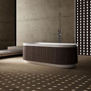 Close-up detail of North American black walnut wood cladding on a composite acrylic bathtub
