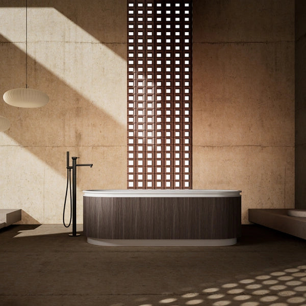 MonBlari FOREST Series bathtub featuring a composite acrylic and North American walnut wood exterior