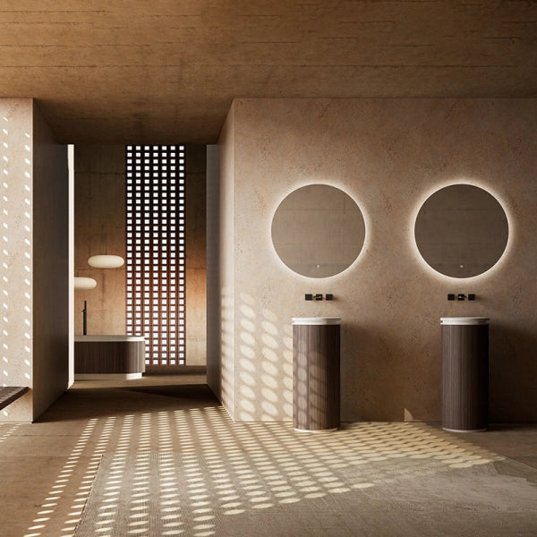 MonBlari FOREST Series round fluted pedestal sink with textured vertical grooves