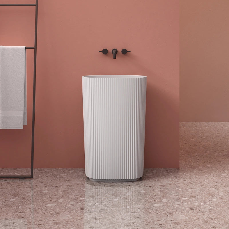 Fluted solid surface pedestal sink one piece matte white modern bathroom wash basin