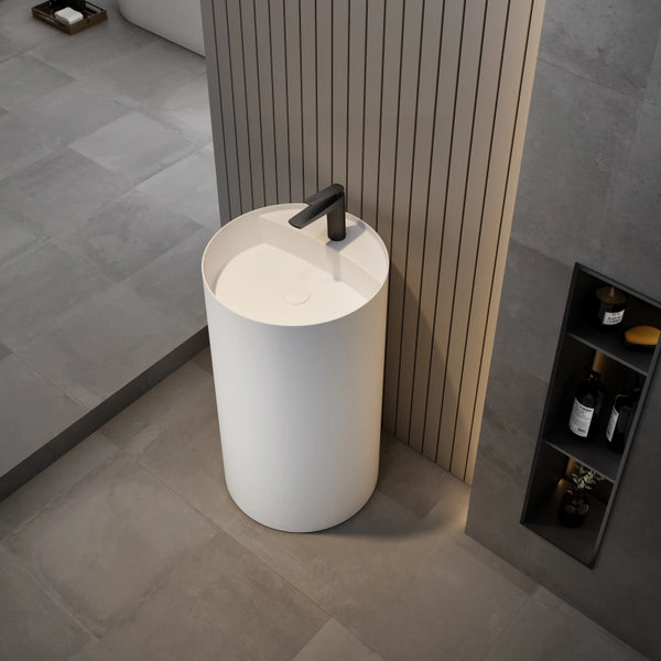 Matte white round pedestal sink 400mm seamless solid surface bathroom wash basin
