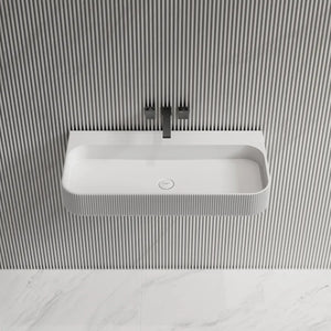 Rectangular white solid surface wall hung sink with fluted style design