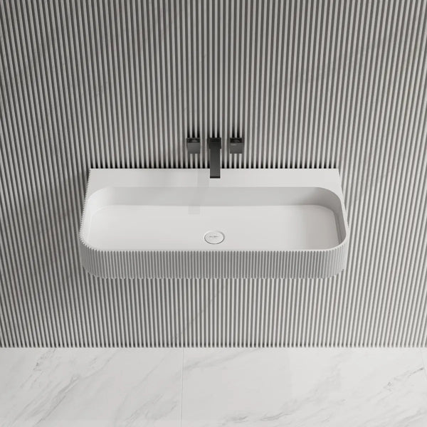 Rectangular white solid surface wall hung sink with fluted style design