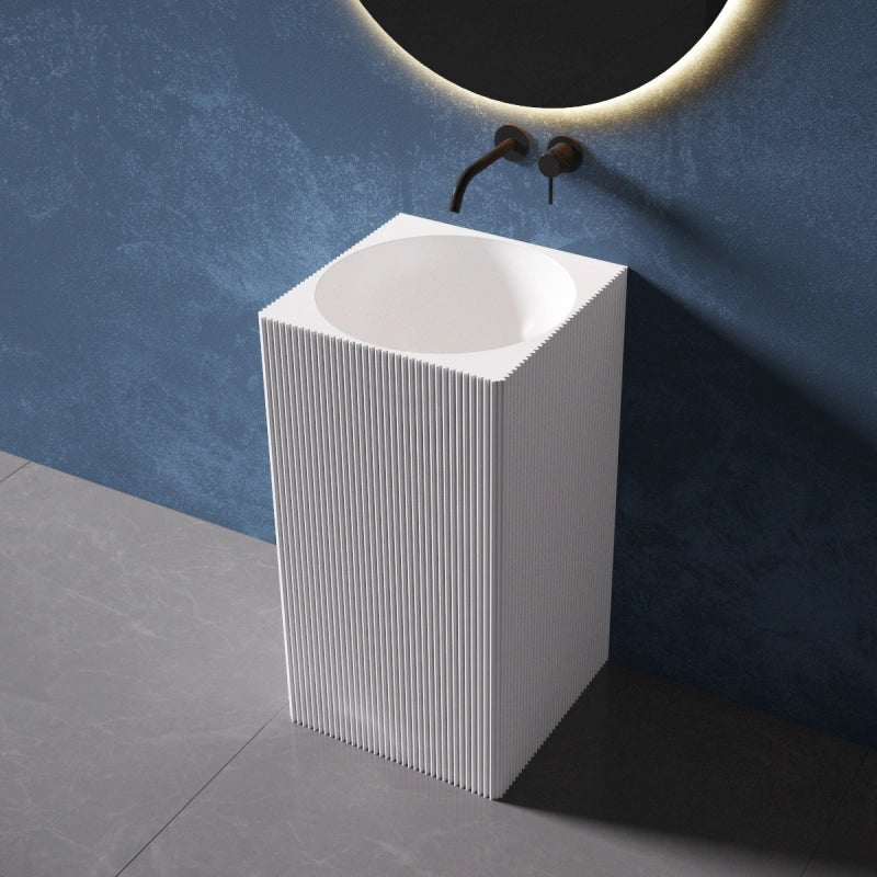 Matte white rectangular solid surface pedestal sink modern bathroom basin