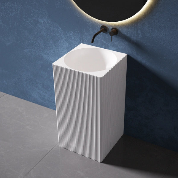 Matte white rectangular solid surface pedestal sink modern bathroom basin