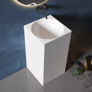 Rectangular pedestal sink solid surface bathroom wash basin with seamless design side top view close-up