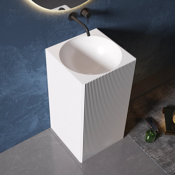 Rectangular pedestal sink solid surface bathroom wash basin with seamless design side top view close-up
