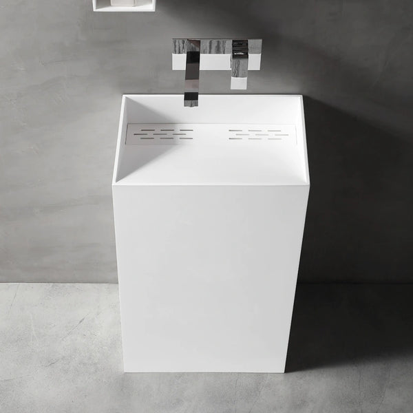 Rectangular solid surface pedestal bathroom sink 500mm matte white freestanding wash basin