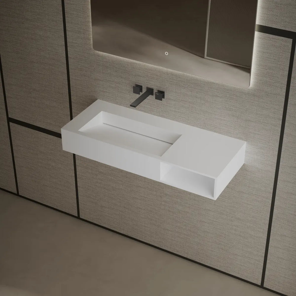 Rectangular solid surface wall mount sink modern bathroom basin matte white