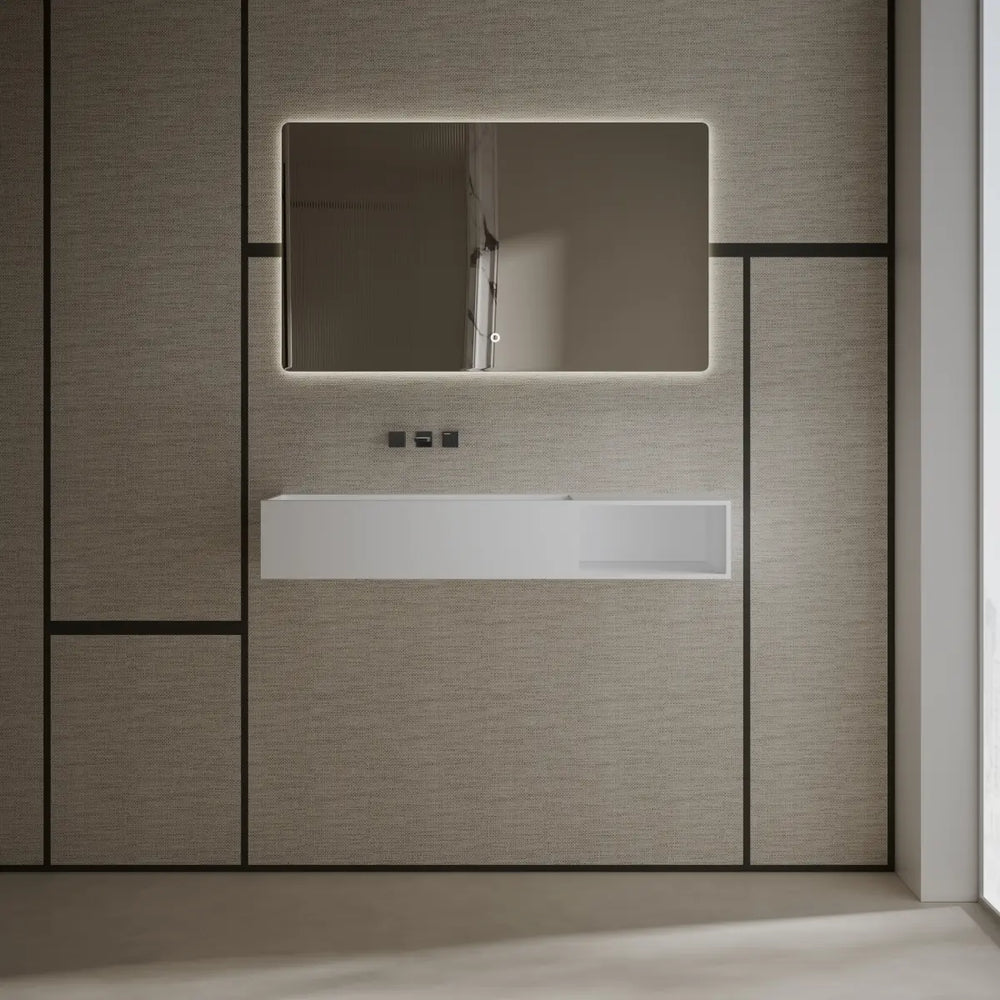 White rectangular matte white solid surface wall mount basin