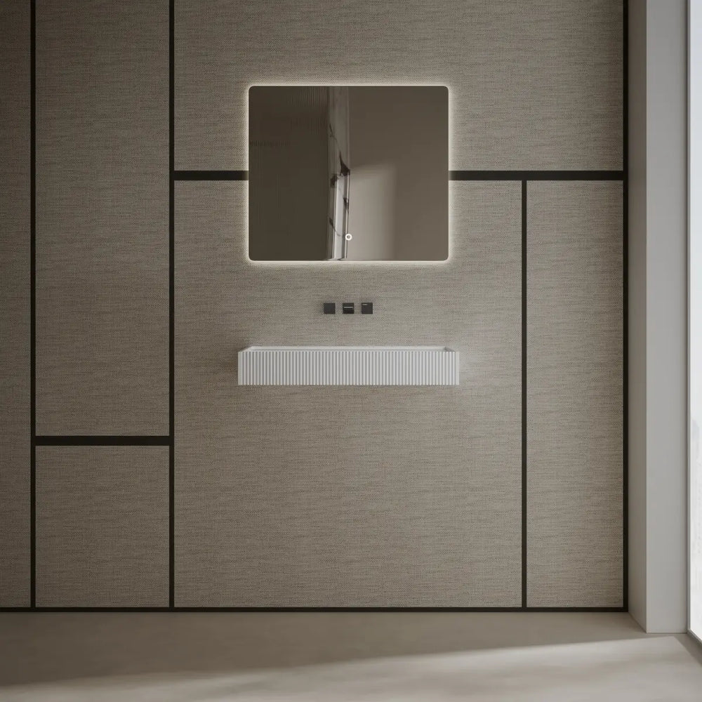 Matte white fluted wall mounted solid surface bathroom sink