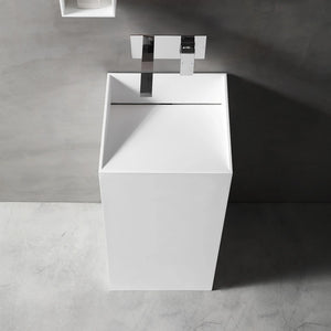 Rectangular solid surface pedestal sink matte white bathroom wash basin front top view close-up