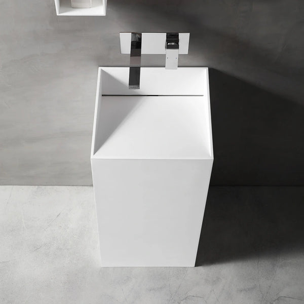 Rectangular solid surface pedestal sink matte white bathroom wash basin front top view close-up
