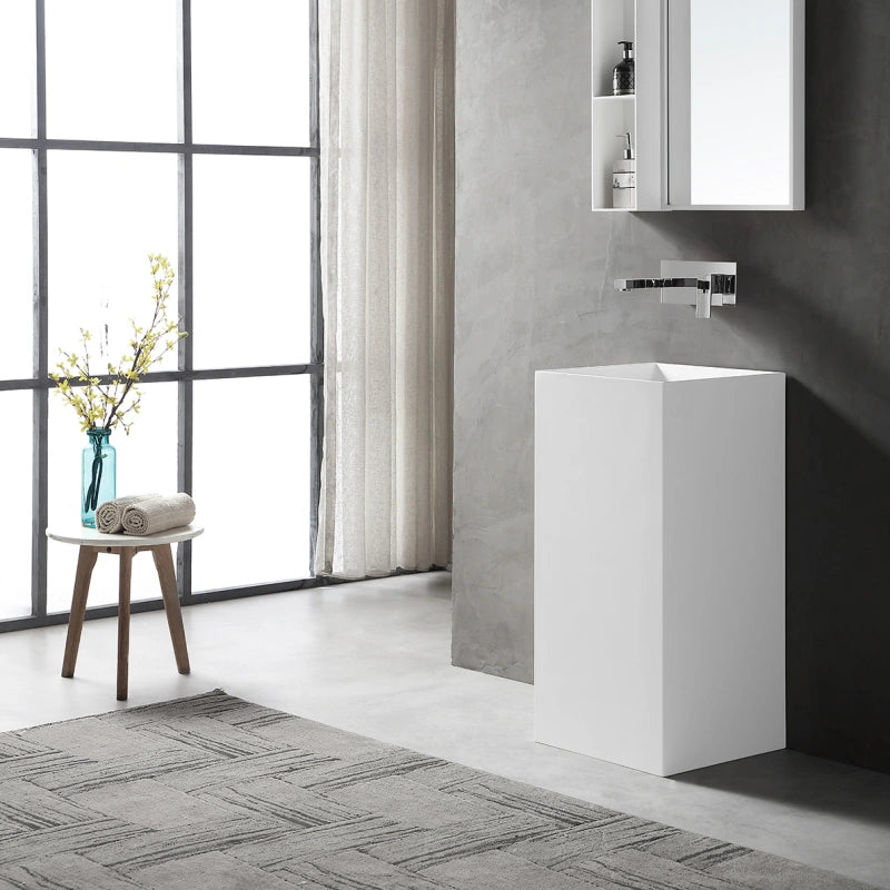 Rectangular solid surface pedestal sink matte white bathroom wash basin front top view close-up