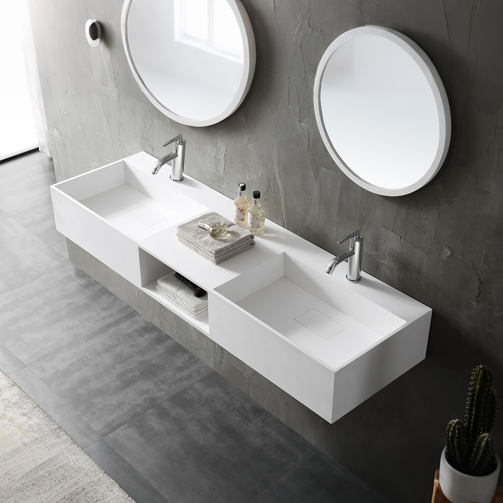 Rectangular solid surface wall mount bathroom sink side top view close-up