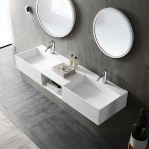 Rectangular solid surface wall mount bathroom sink side top view close-up