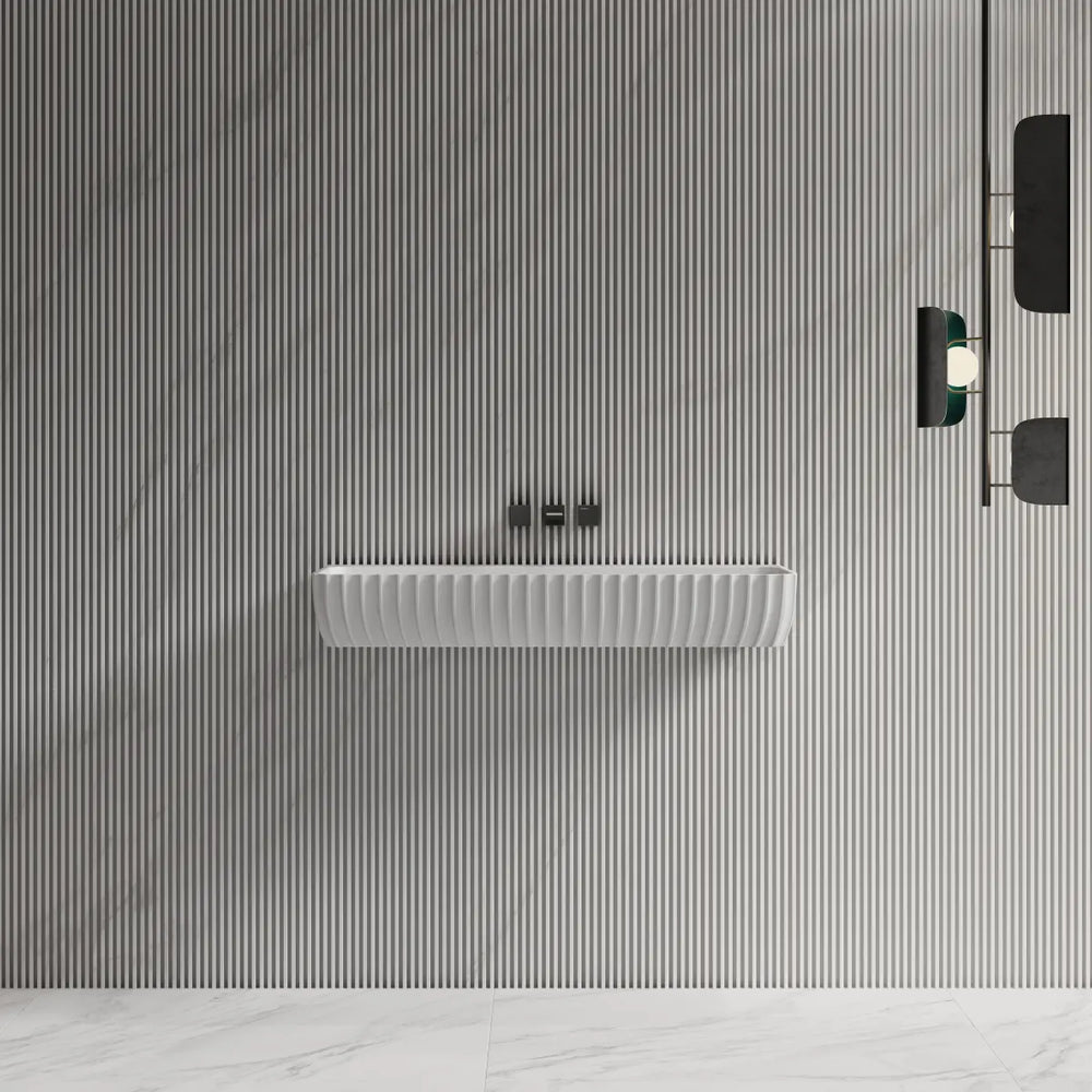 White fluted solid surface wall mount bathroom sink with rectangular basin