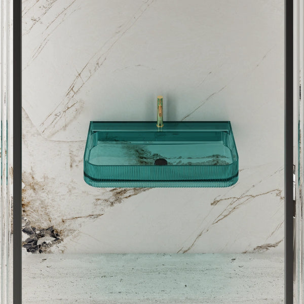 Fluted transparent resin wall mounted bathroom sink with rectangular sink basin