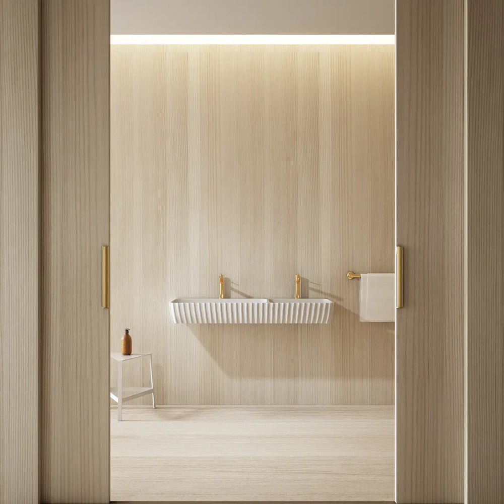 Double wall mounted bathroom sink with fluted solid surface dual basin design