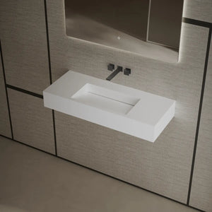Modern matte white solid surface wall hung sink side top view close-up