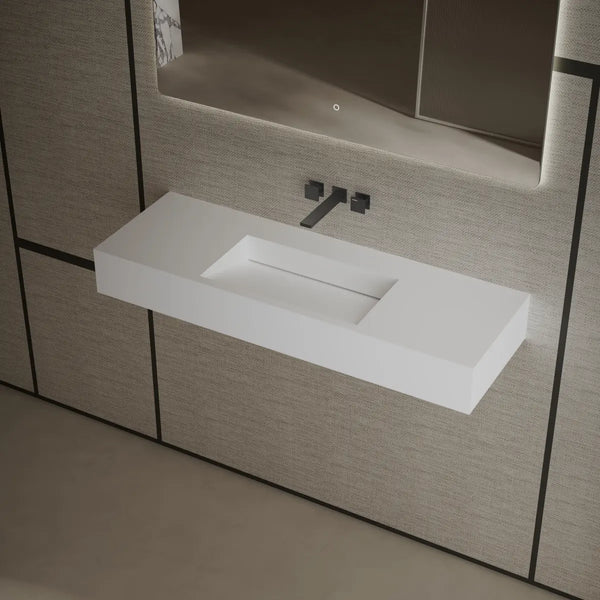 Rectangular solid surface wall mount sink modern bathroom basin matte white