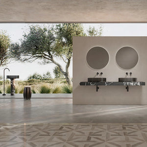 MonBlari STRATA Series black marble bathroom sink with transparent acrylic