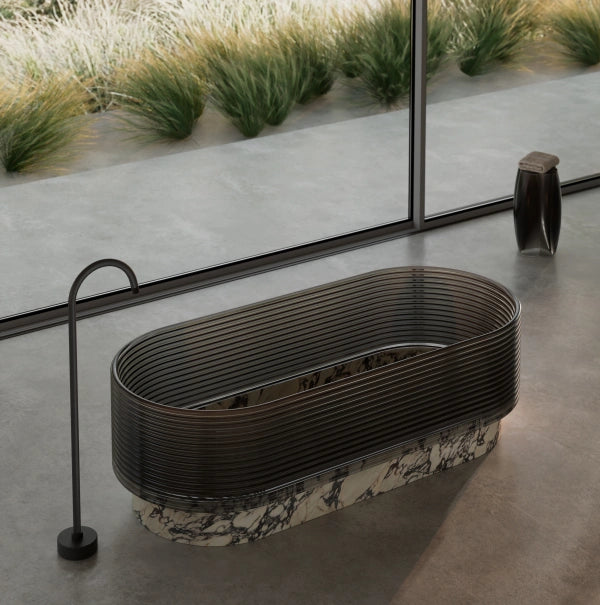 MonBlari STRATA Series purple marble freestanding bathtub with transparent acrylic