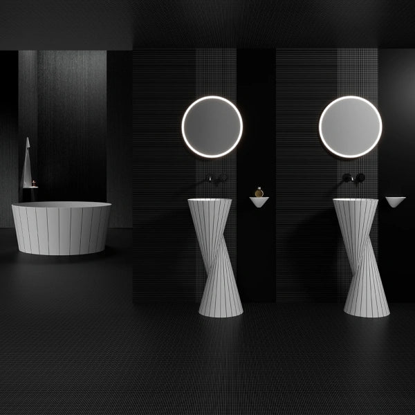 Artisan-crafted SWING Series pedestal sink with hand-inlaid surface textures for luxury contemporary bathrooms