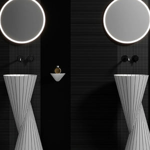 Modern sculptural bathroom pedestal sink from MonBlari SWING Series showcasing visual tension and dynamic balance