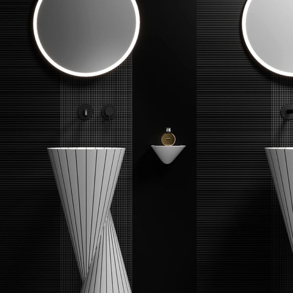MonBlari SWING Series sculptural pedestal sink featuring a dynamic dual-cone carved design