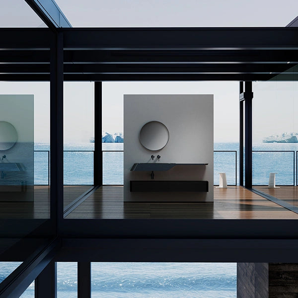 MonBlari VELA Series forged carbon fiber bathroom vanity unit with matching wall mirror featuring yacht-inspired curves