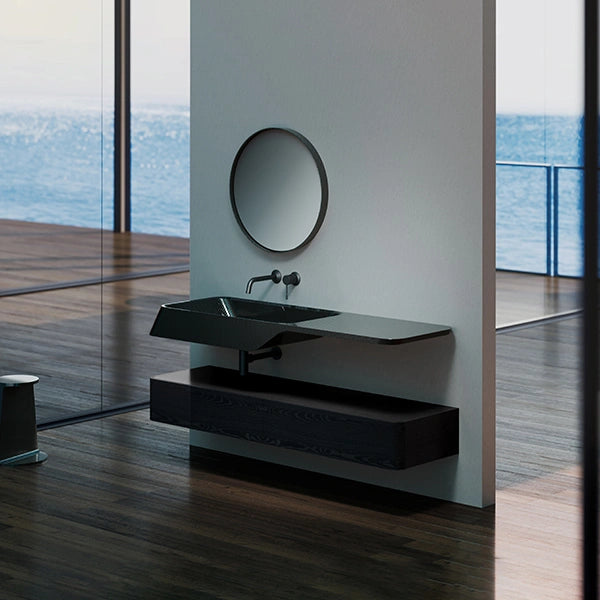 MonBlari VELA Series forged carbon fiber bathroom vanity unit with matching wall mirror featuring yacht-inspired curves