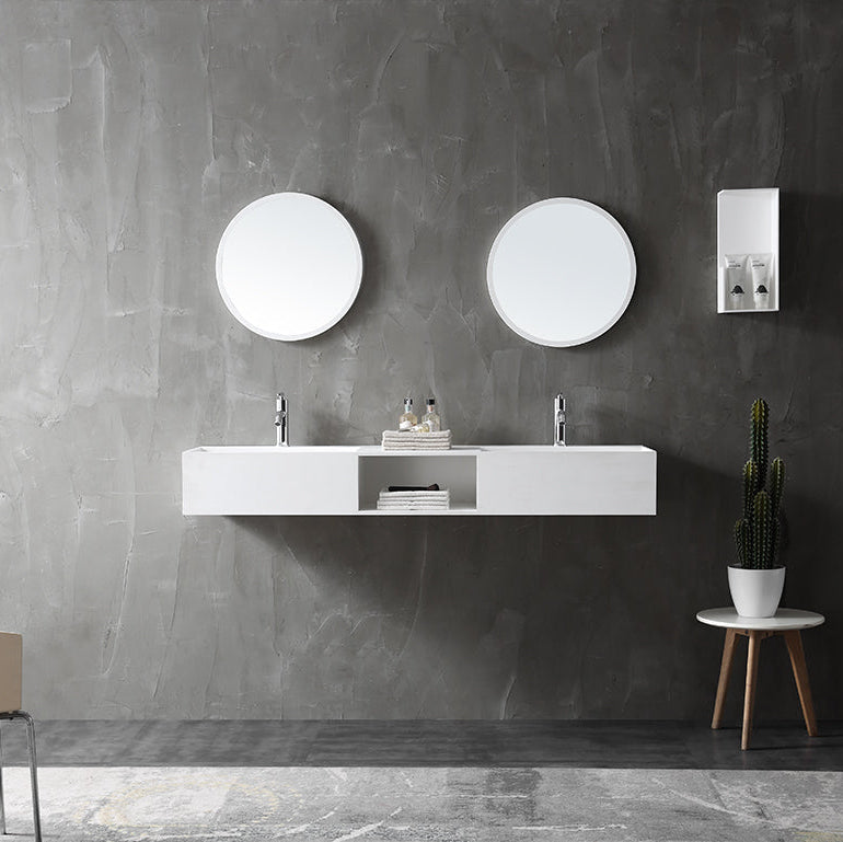 Rectangular solid surface wall mount bathroom sink side top view close-up