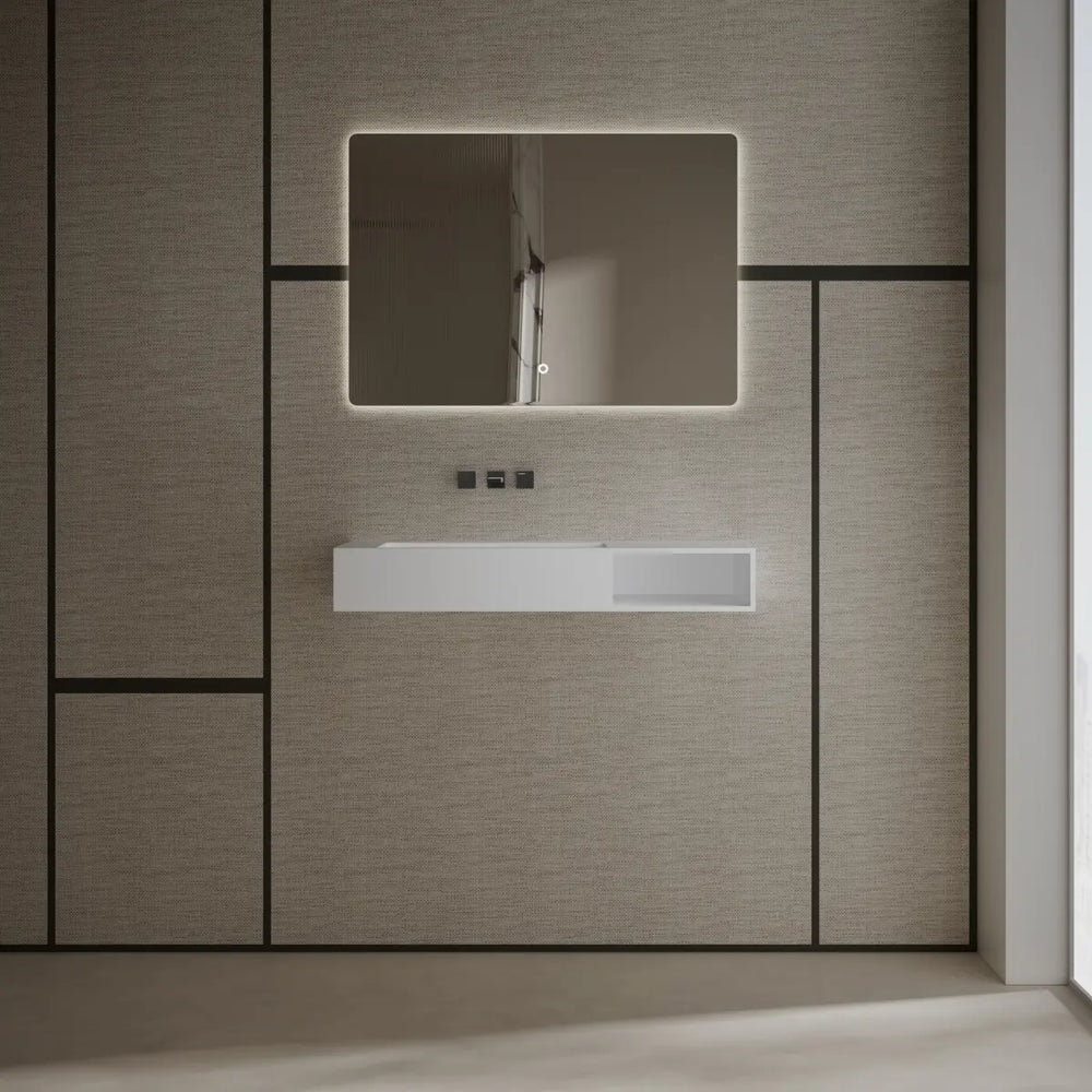 Rectangular solid surface wall mount sink modern bathroom basin matte white
