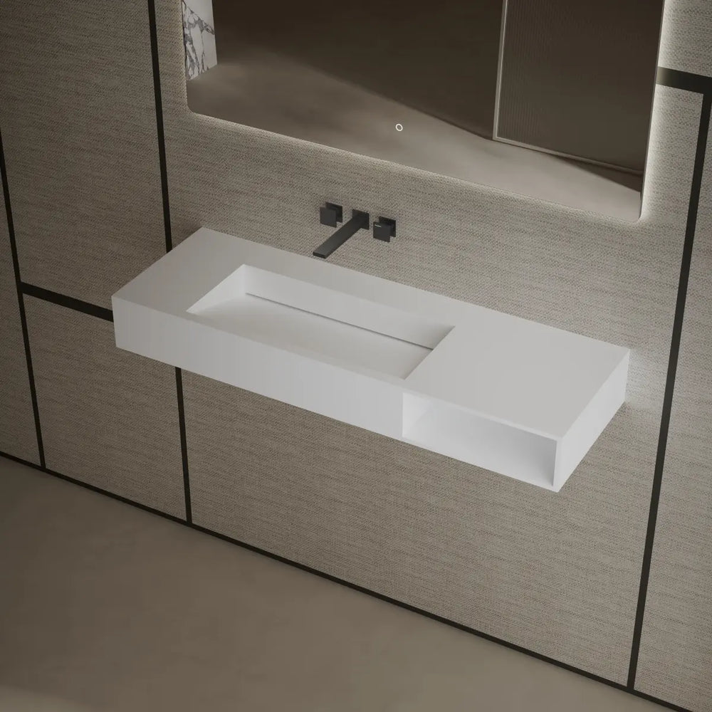 Modern solid surface wall mount sink rectangular bathroom basin matte white