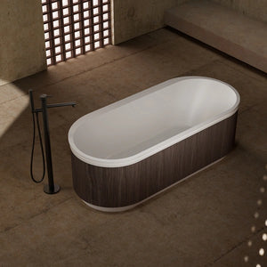 Luxury freestanding bathtub combining composite acrylic with premium walnut wood texture