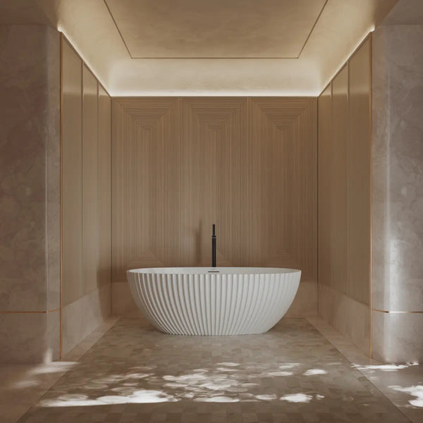 White double ended ribbed freestanding soaking bath with curved edges