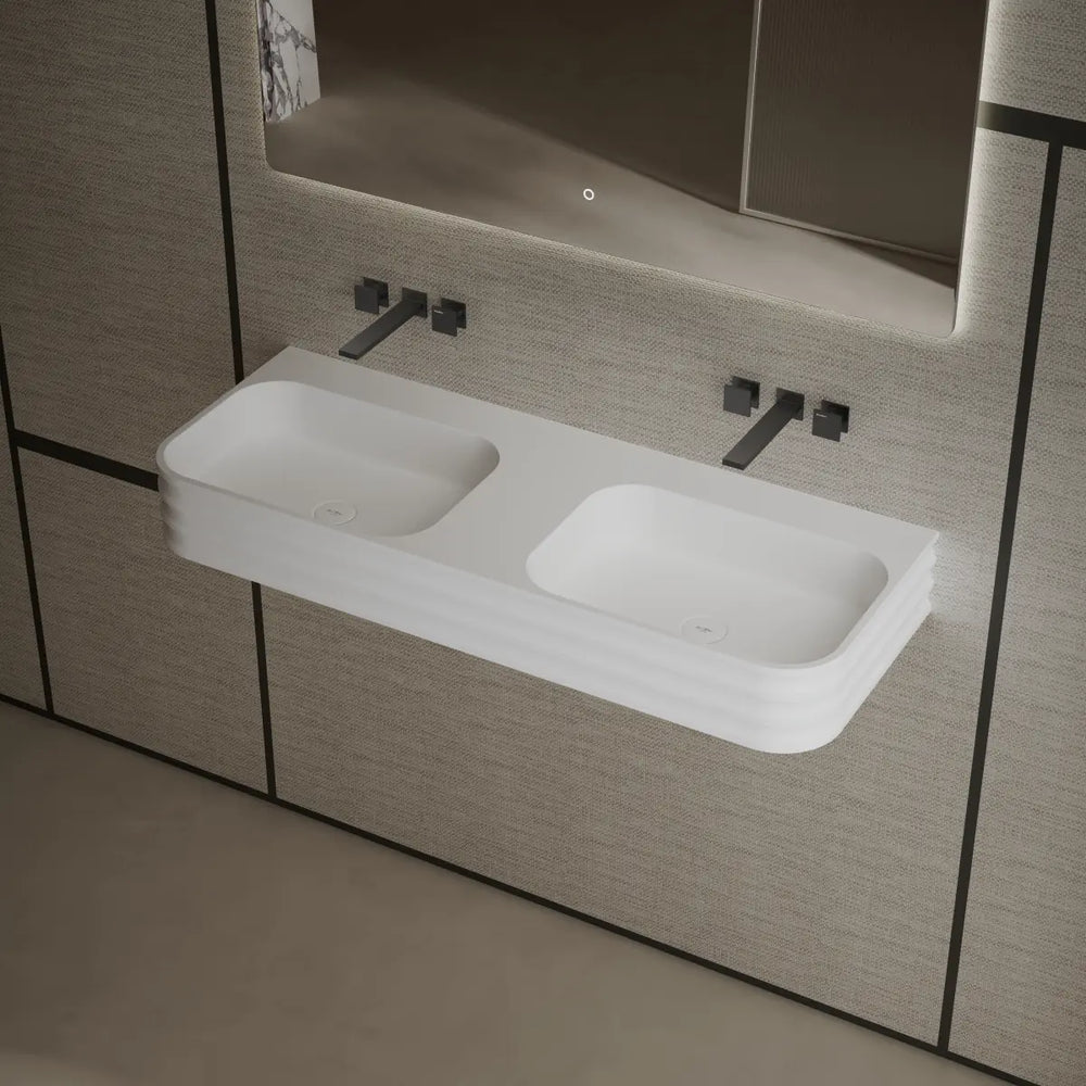 Rectangular double solid surface wall mount sink in white 