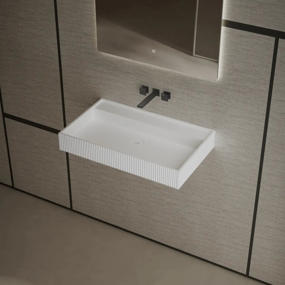 Matte white fluted wall mounted solid surface bathroom sink