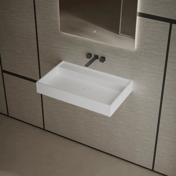 Matte white fluted wall mounted solid surface bathroom sink