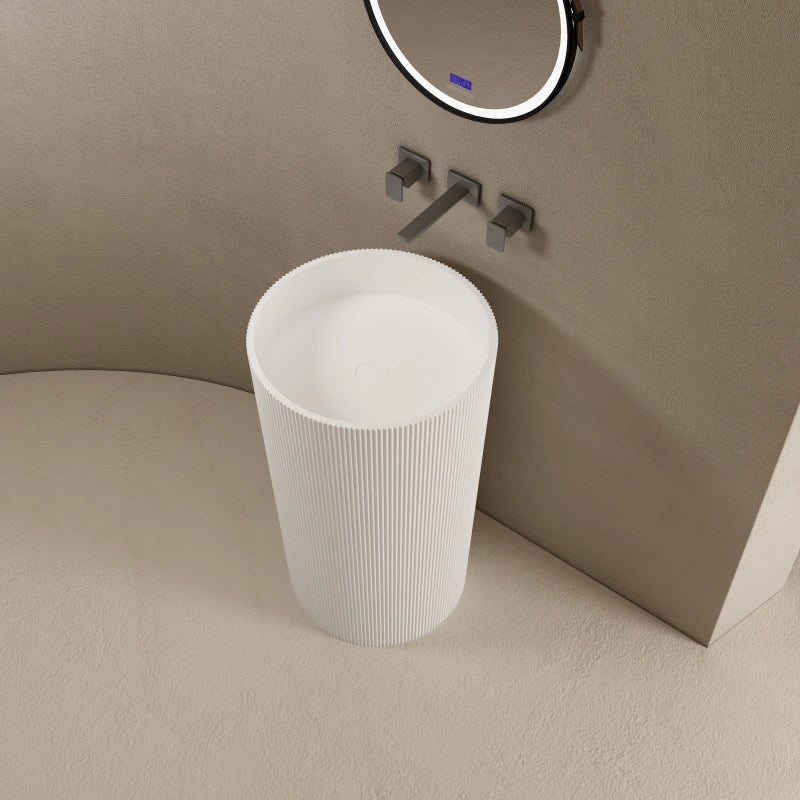 White solid surface pedestal basin modern bathroom fluted design
