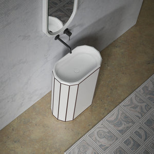 Modern white pedestal bathroom sink with black rim by MonBlari BERYL Series for contemporary interiors