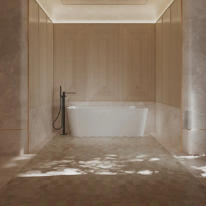 Modern white acrylic back-to-wall bathtub for contemporary bathroom