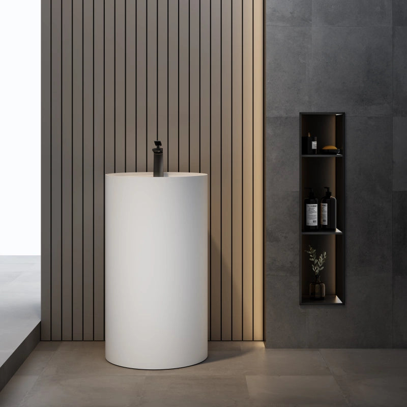 Matte white round pedestal sink 400mm seamless solid surface bathroom wash basin