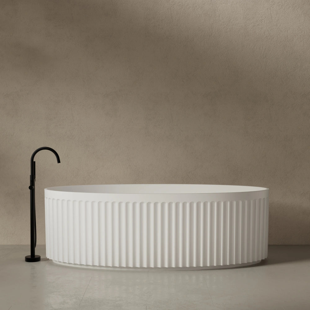 Matte white solid surface freestanding bathtib with fluted design bathroom soaking tub